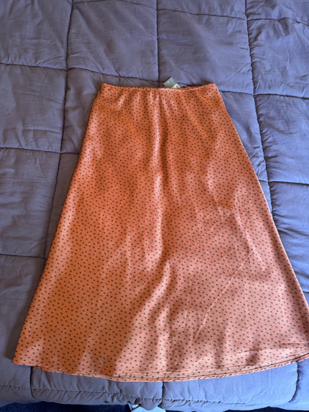 NWT | Abercrombie & Fitch Rust Brown A-Line Satin Skirt w/ Tiny Black Dot Print - Picture 2 of 2